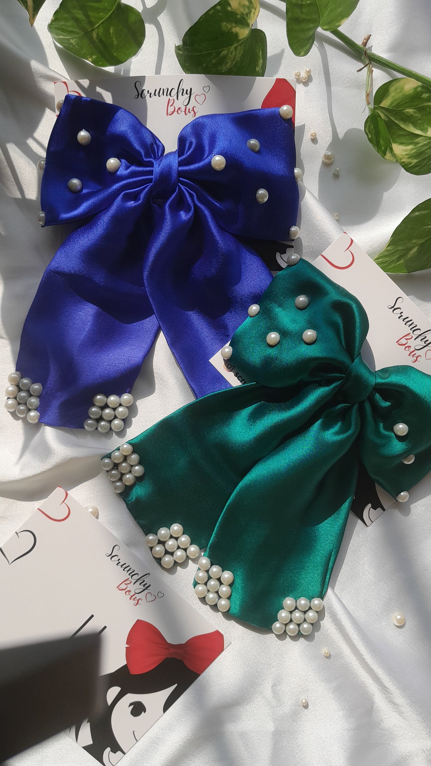 Embellished Pearl Bows Satin