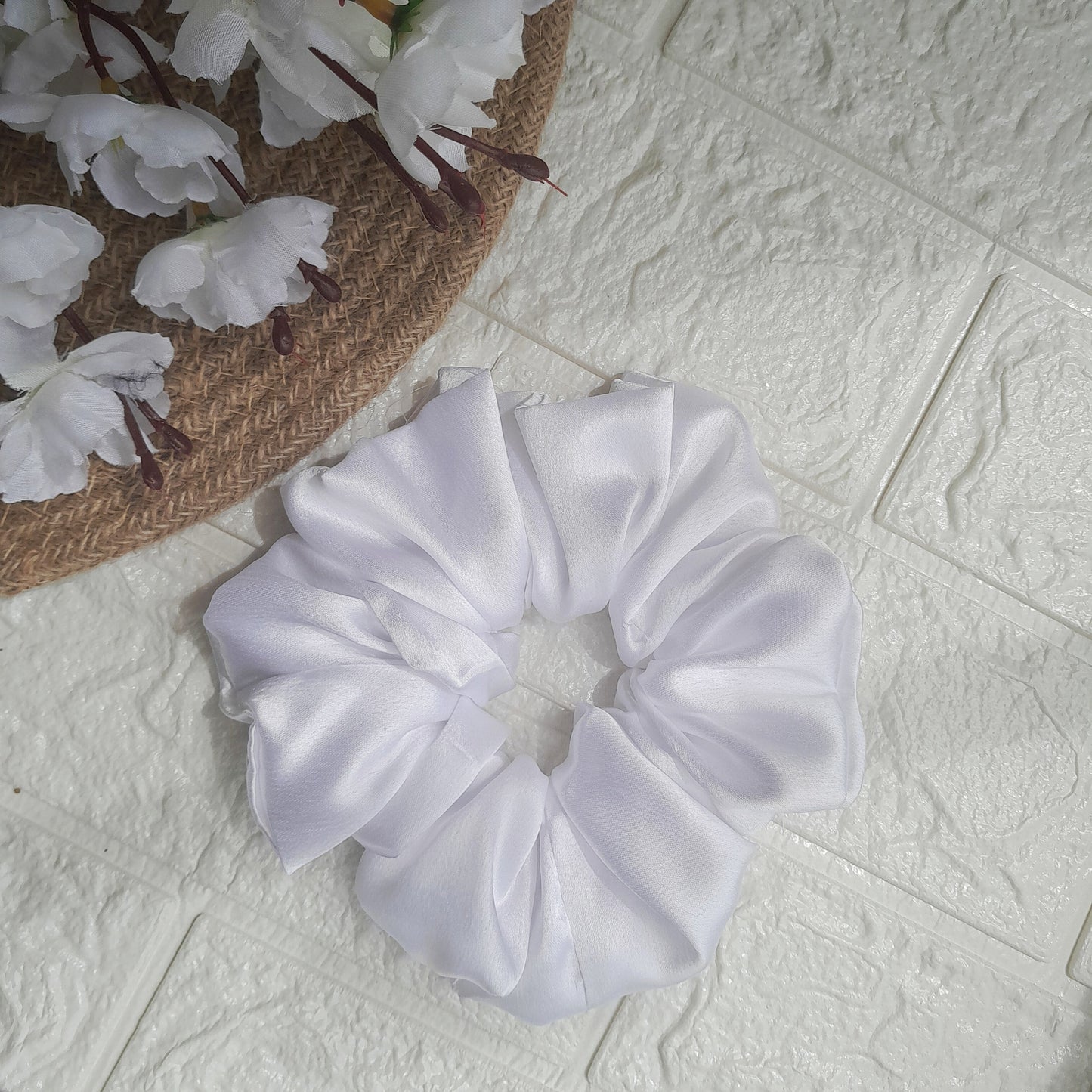 Satin Plain Scrunchie - White - Scrunchy Bows