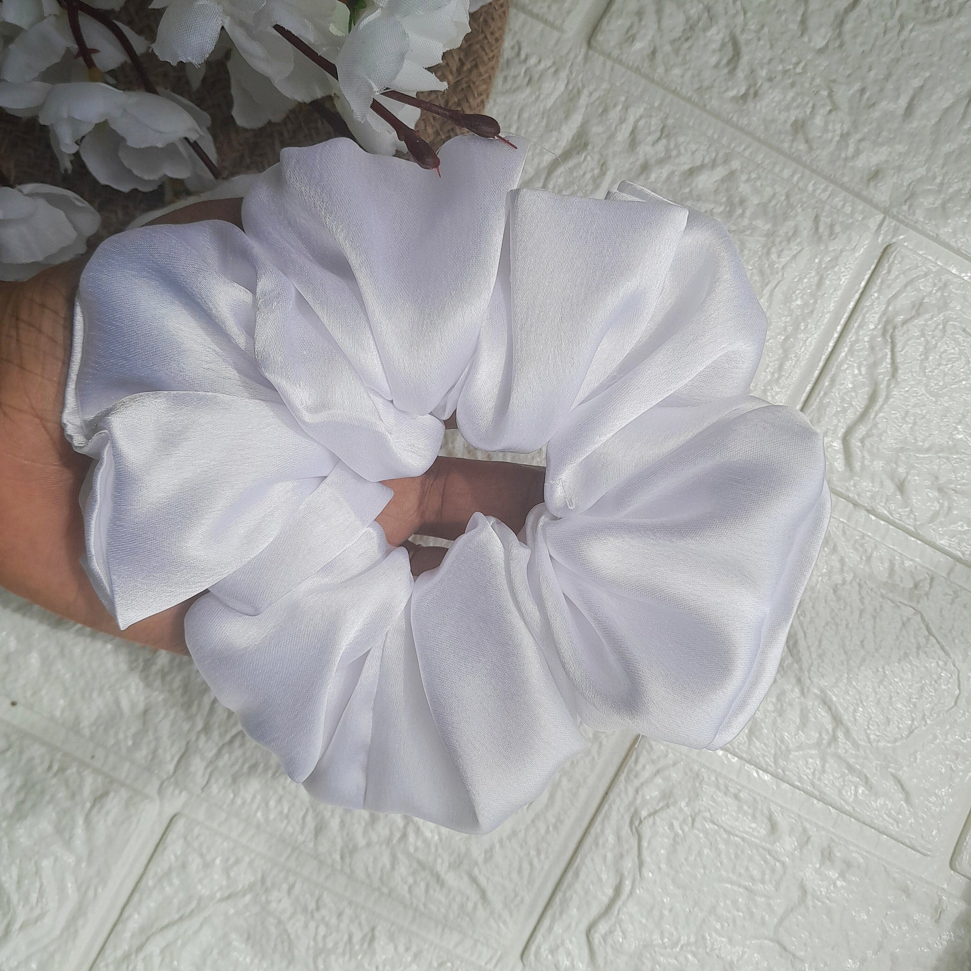 Satin Plain Scrunchie - White - Scrunchy Bows