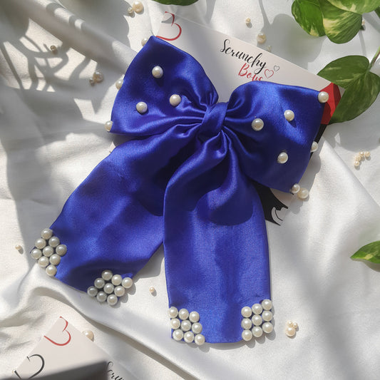 Royal Blue Satin Pearl Bow - Scrunchy Bows