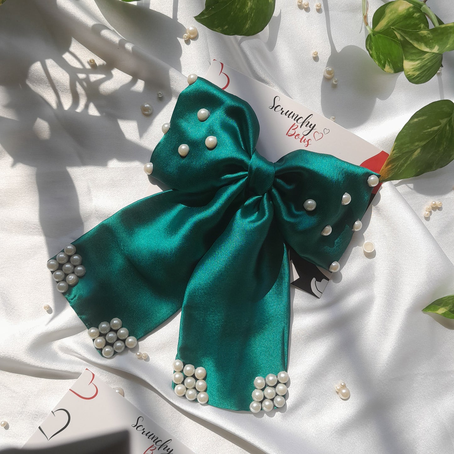 Emerald Green Satin Pearl Bow - Scrunchy Bows