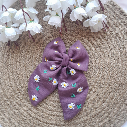 Embroidery Hair Bow - Lavender