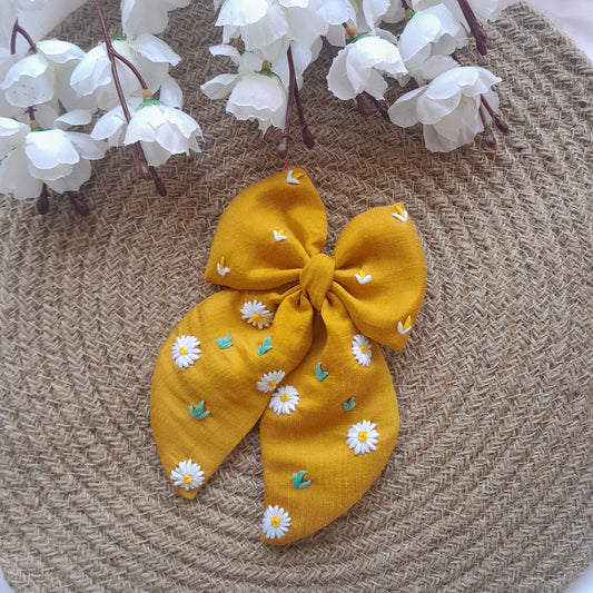 Embroidery Hair Bow - Lavender - Yellow